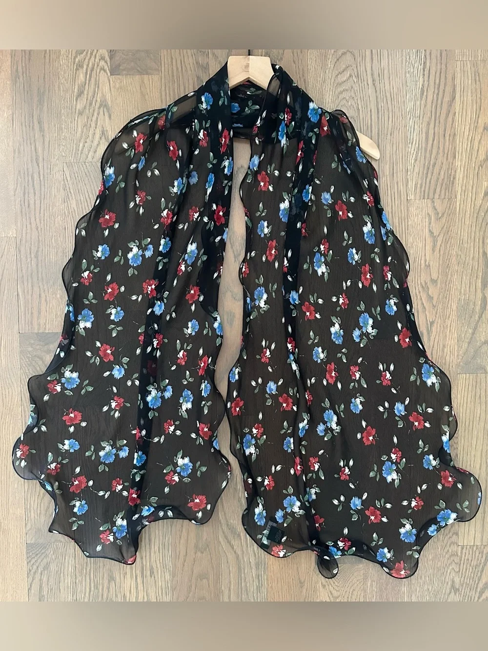 Vintage Ralph Lauren Ruffle Sheer Silk Floral Oblong Scarf Black Multicolor 64